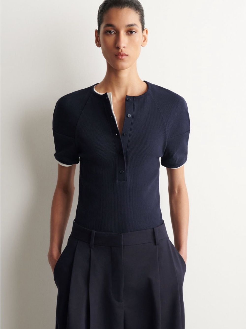 NWT COS Navy Short Sleeve Henley with White Trim